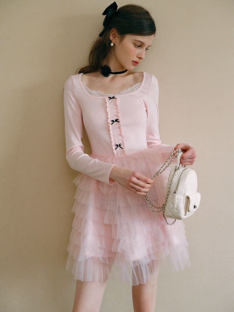 Elegant Lace Trim Ribbon Tulle Dress