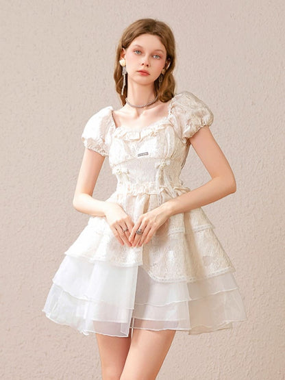 Silver Plate & Back Ribbon Tiered Dress（全2色）