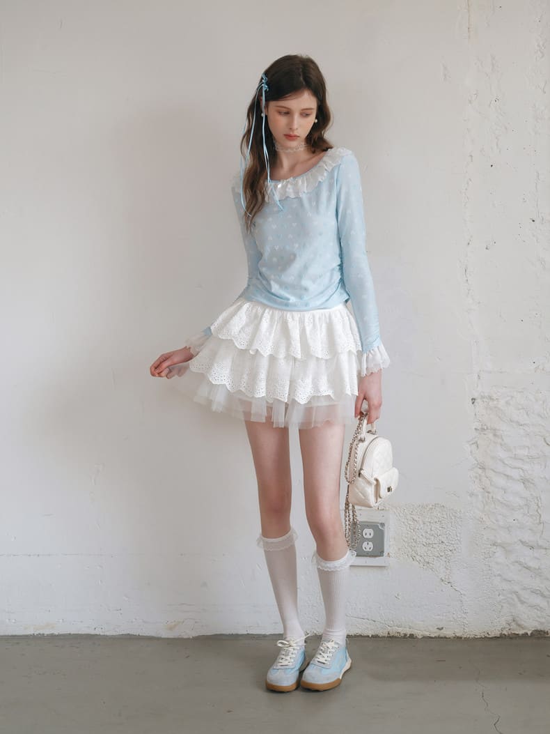 Powder Blue Heart Jacquard Frill Top