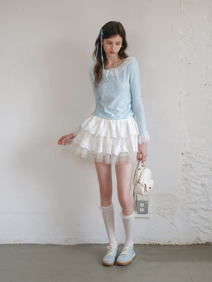 Powder Blue Heart Jacquard Frill Top
