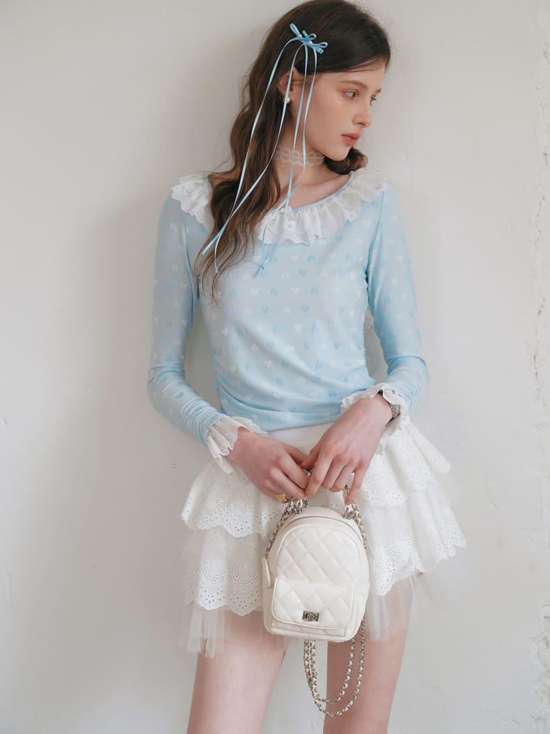 Powder Blue Heart Jacquard Frill Top