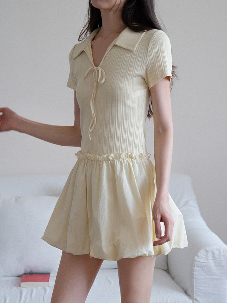 Charming Ribbed Top Balloon Skirt Dress