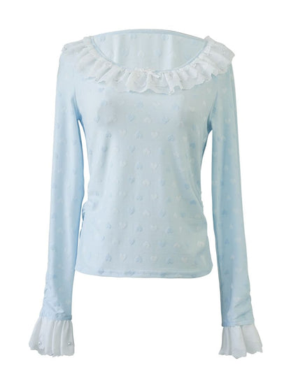 Powder Blue Heart Jacquard Frill Top