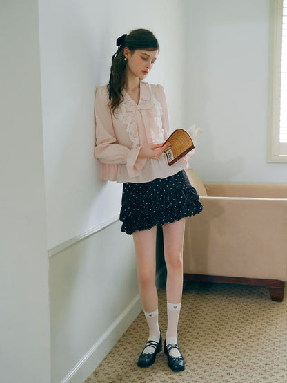 Romantic Lace Frill Tie Blouse