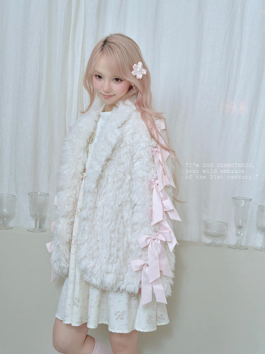 Romantic Ribbon Snowy Fur Coat