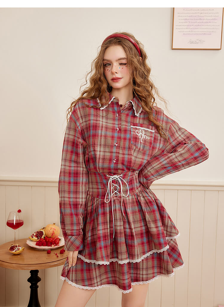 Lace-Up Plaid Tiered Dress