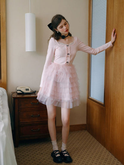Elegant Lace Trim Ribbon Tulle Dress
