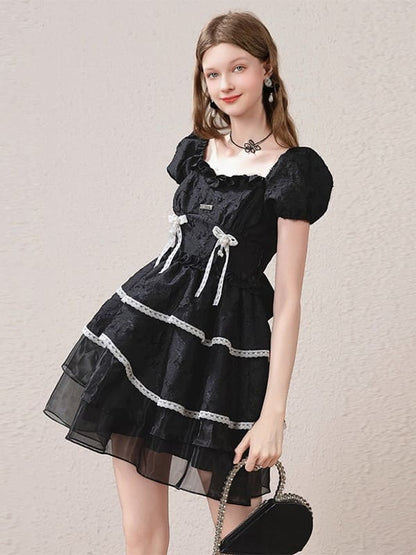 Silver Plate & Back Ribbon Tiered Dress（全2色）