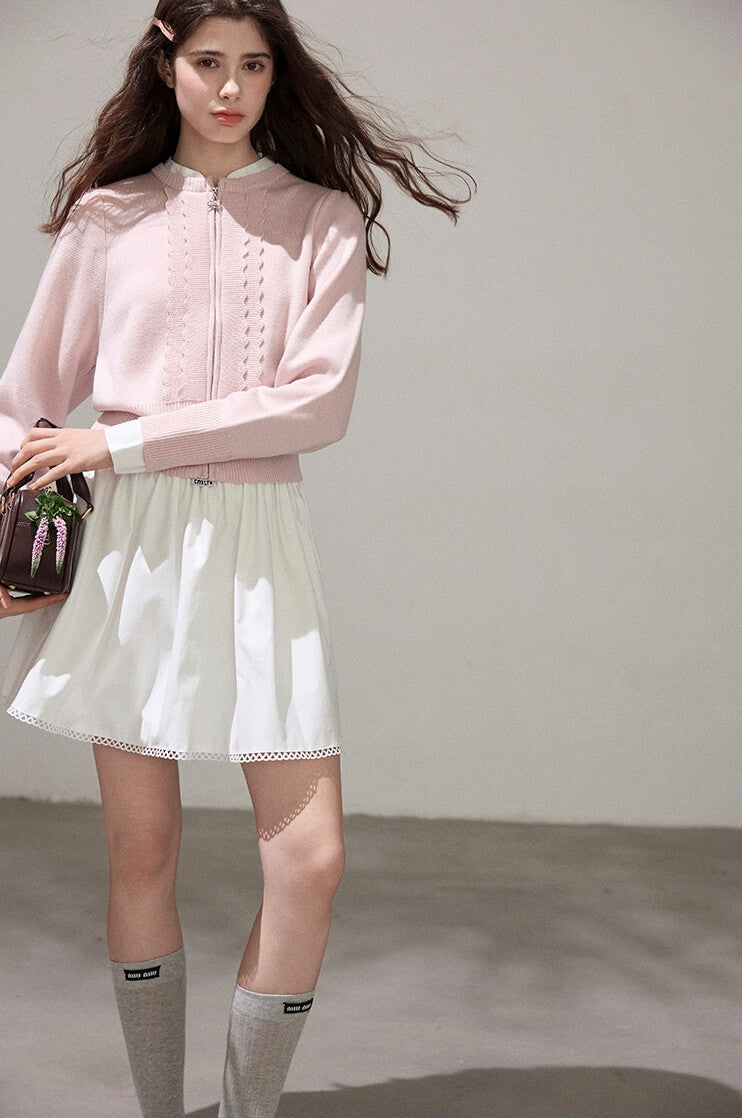 Refined Lace-Line Zip Knit Cardigan