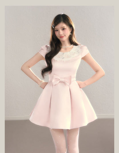 Elegant Lace Collar Ribbon Mini Dress