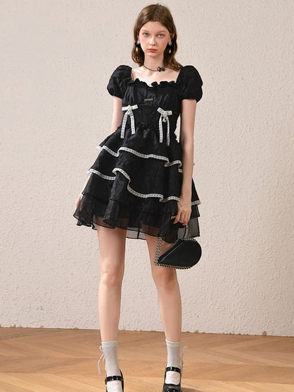 Silver Plate & Back Ribbon Tiered Dress（全2色）