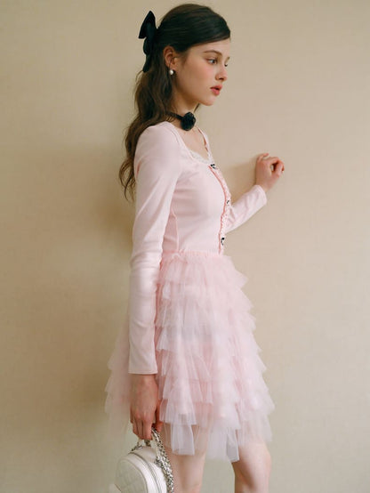 Elegant Lace Trim Ribbon Tulle Dress