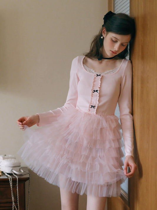 Elegant Lace Trim Ribbon Tulle Dress