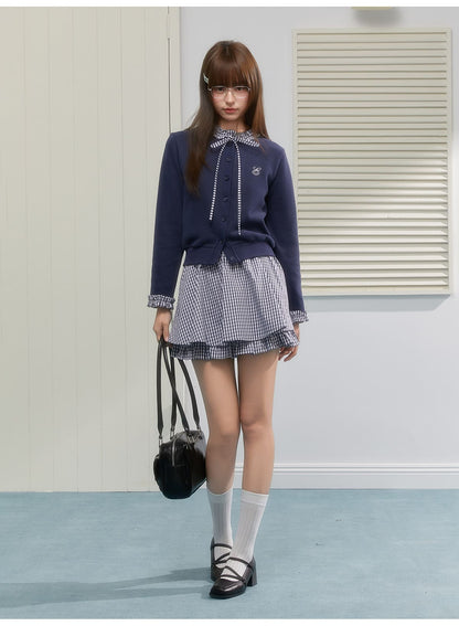 Gingham Ribbon Collar Knit Cardigan（全2色）