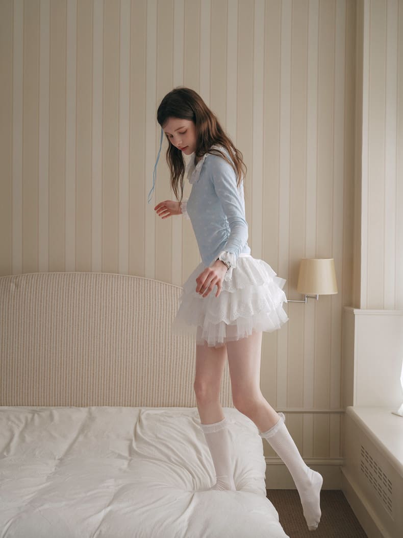 Powder Blue Heart Jacquard Frill Top