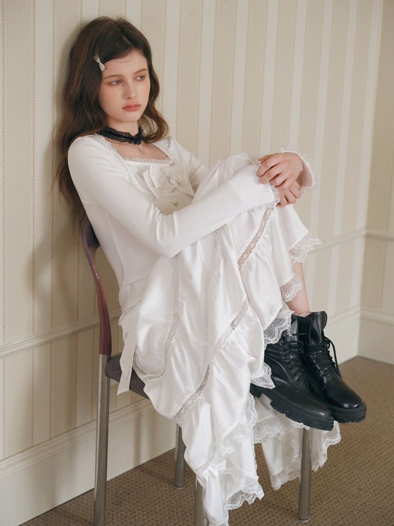 Elegant Lace Flare Satin Skirt