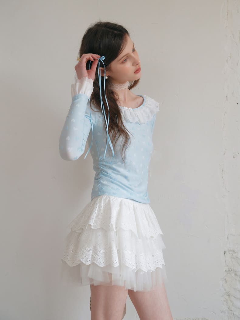 Powder Blue Heart Jacquard Frill Top