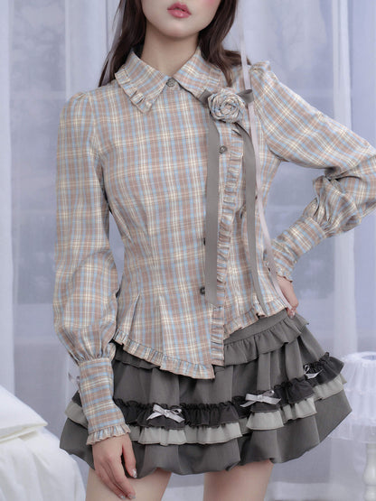 Elegant Plaid Frill Tailored Blouse