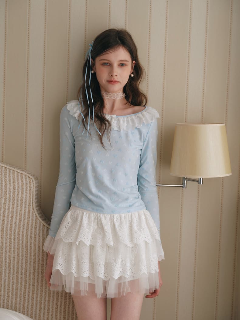 Powder Blue Heart Jacquard Frill Top