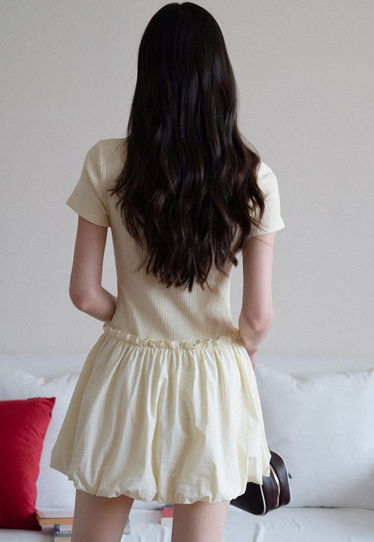 Charming Ribbed Top Balloon Skirt Dress