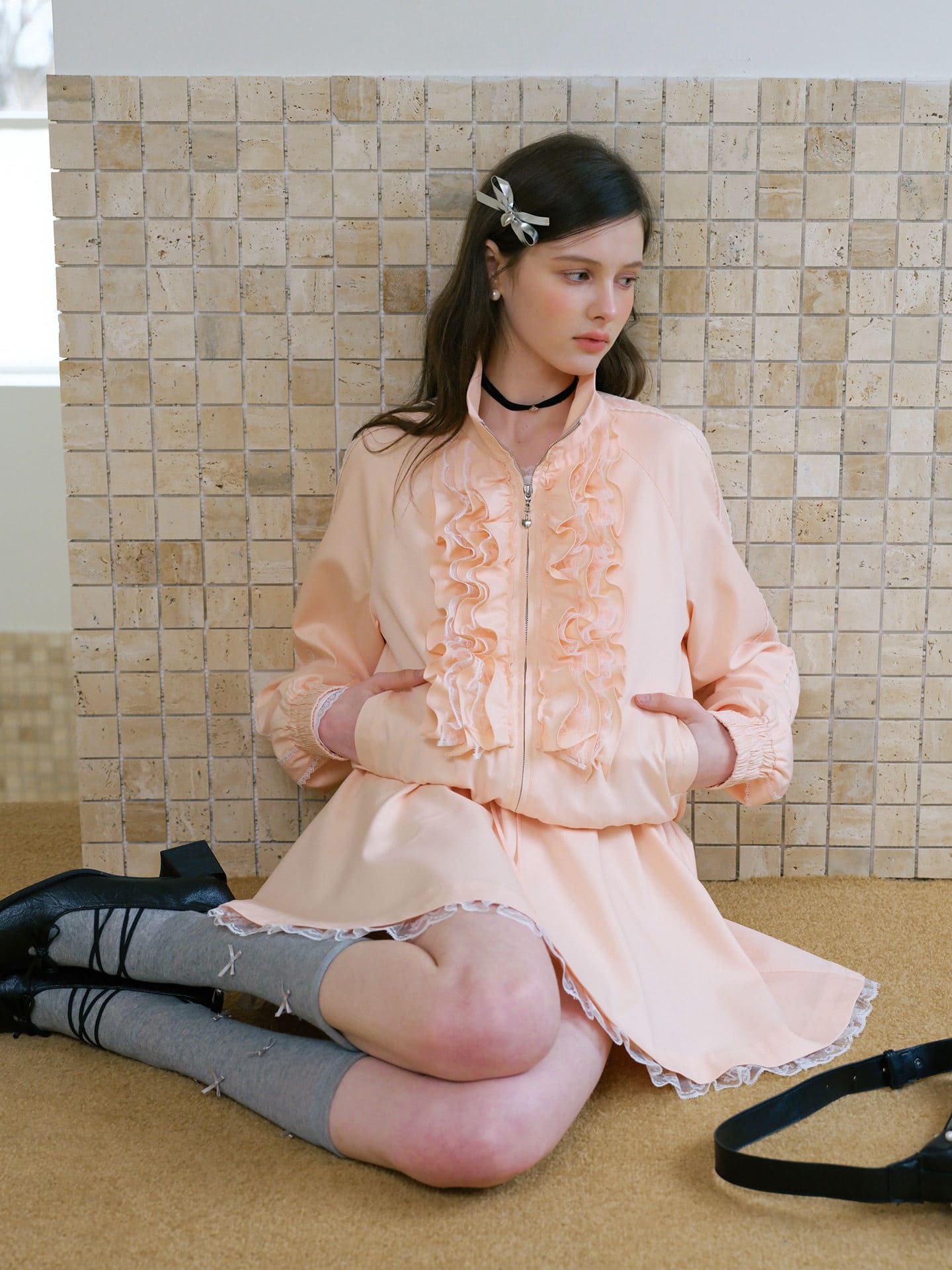 Elegant Frill Zip Blouson / Skirt