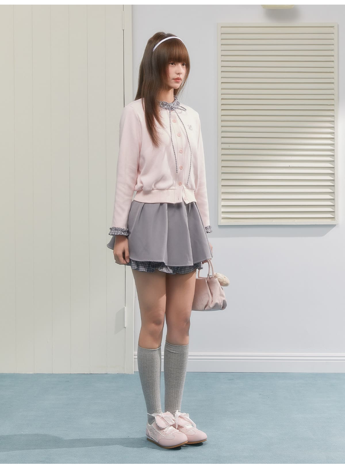 Gingham Ribbon Collar Knit Cardigan（全2色）