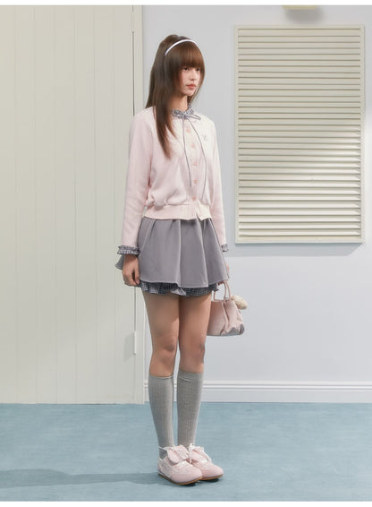 Gingham Ribbon Collar Knit Cardigan（全2色）