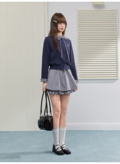Gingham Ribbon Collar Knit Cardigan（全2色）