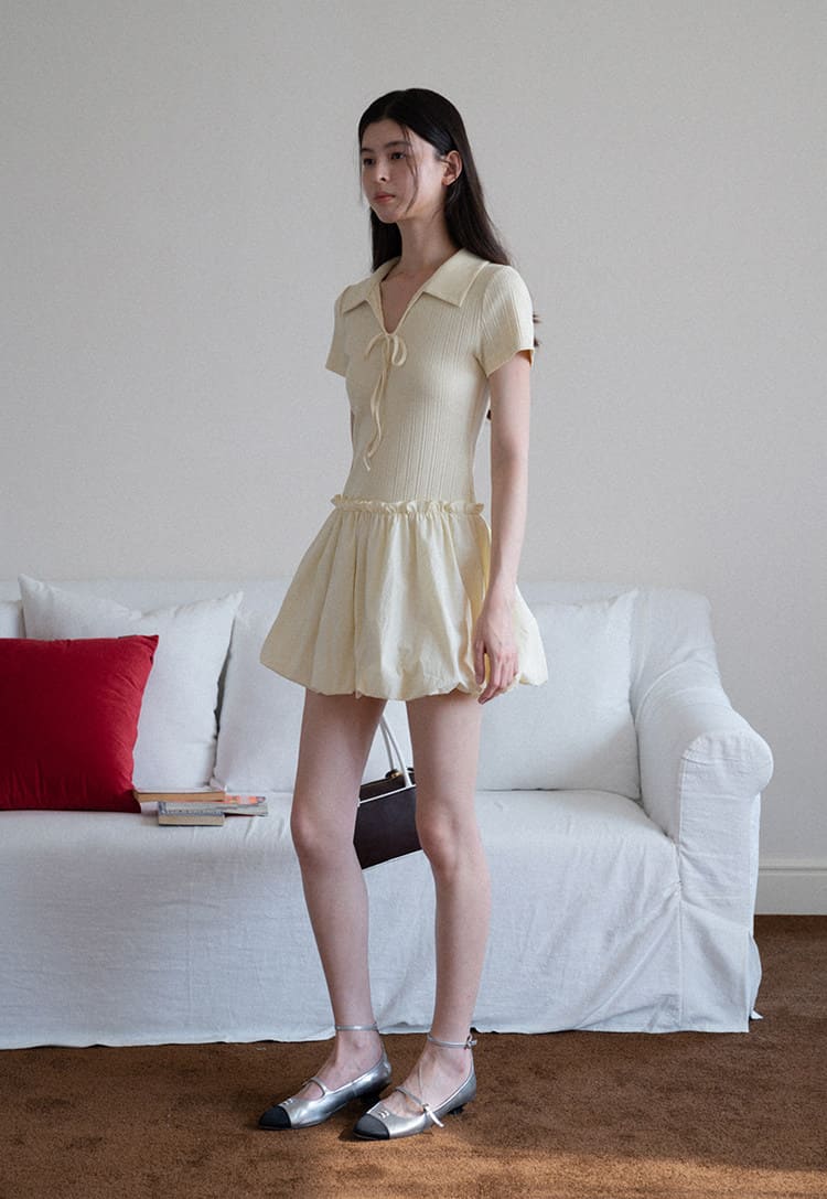 Charming Ribbed Top Balloon Skirt Dress