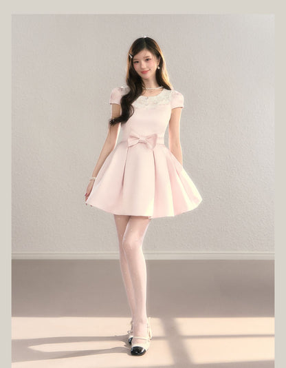 Elegant Lace Collar Ribbon Mini Dress