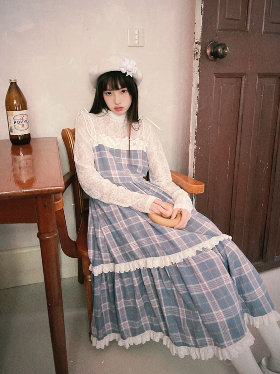 Creamy Checked Double Frill Dress