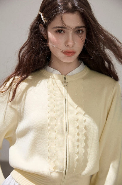 Refined Lace-Line Zip Knit Cardigan