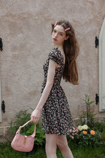 Classical Rose Puff Sleeve Black Dress