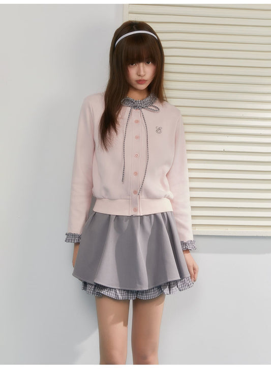Gingham Ribbon Collar Knit Cardigan（全2色）