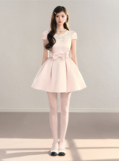 Elegant Lace Collar Ribbon Mini Dress