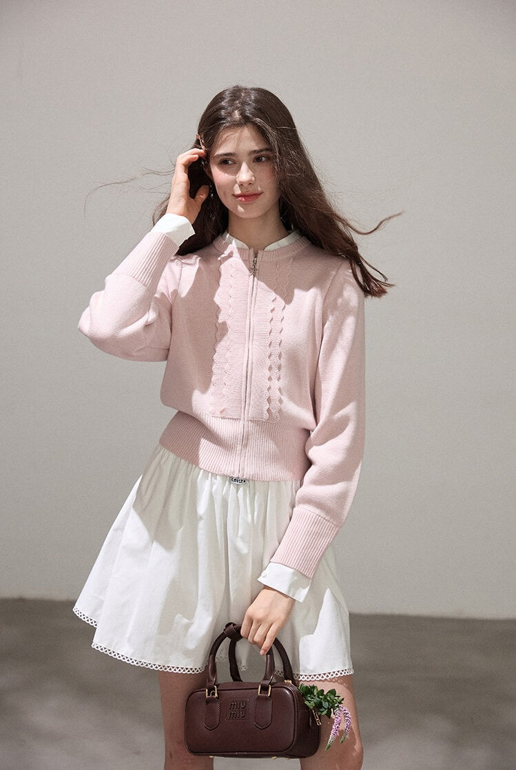 Refined Lace-Line Zip Knit Cardigan