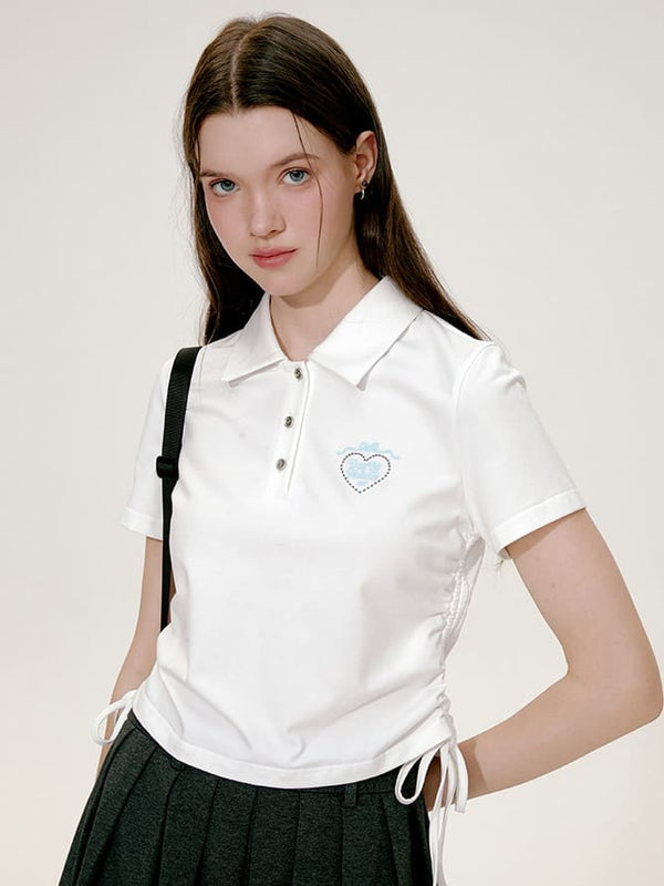 Ribbon & Heart Embroidery Cinched Polo（全2色）