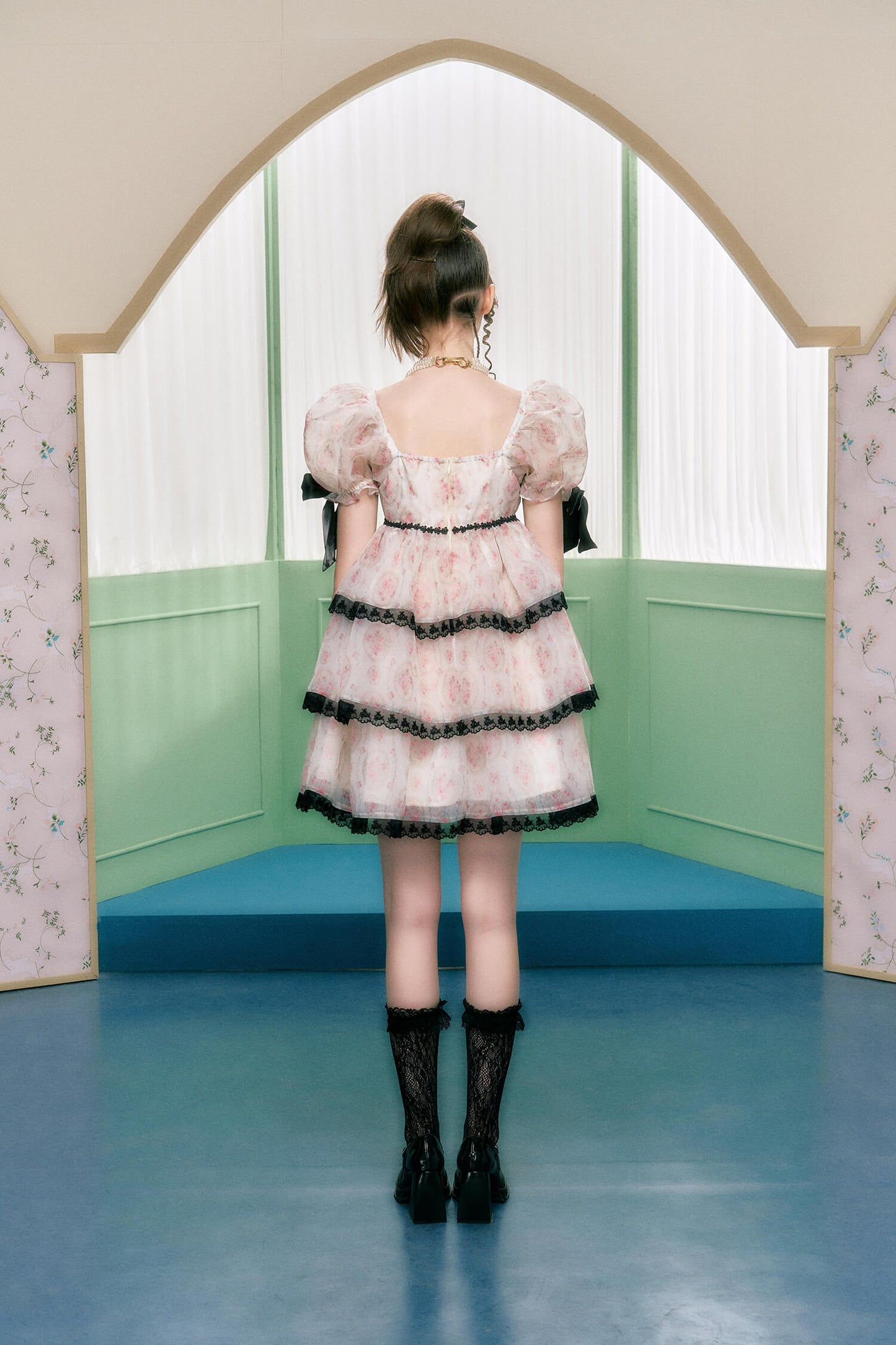 Black lace rose pattern ribbon dress