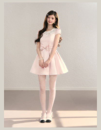 Elegant Lace Collar Ribbon Mini Dress