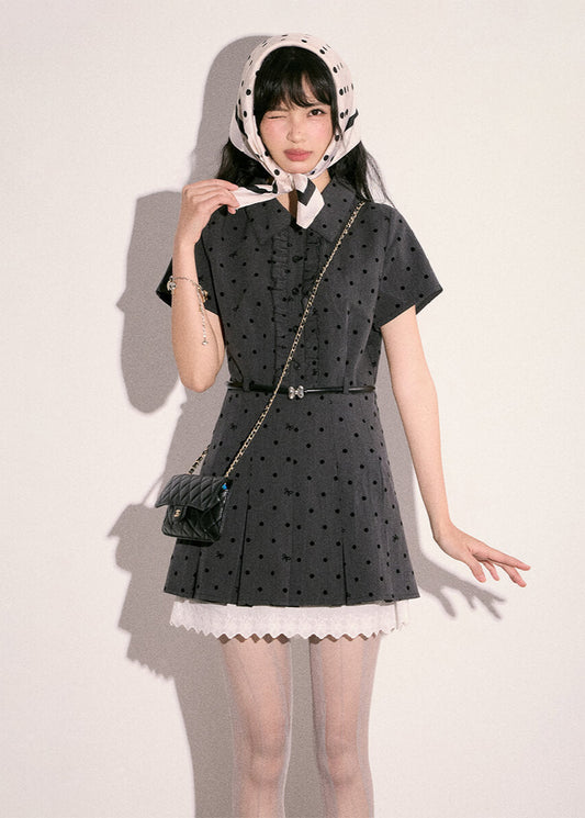 Dot Ribbon Collar Frill Dress
