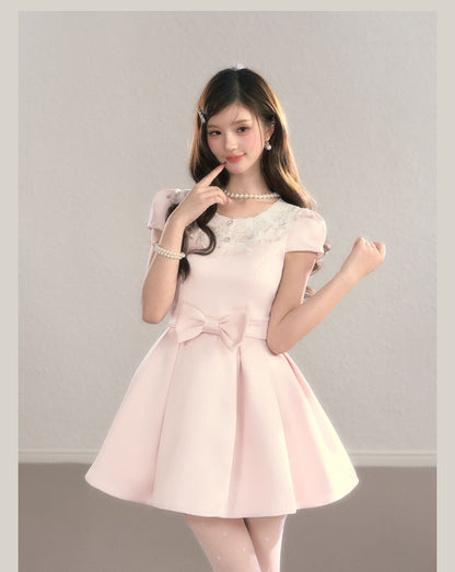 Elegant Lace Collar Ribbon Mini Dress