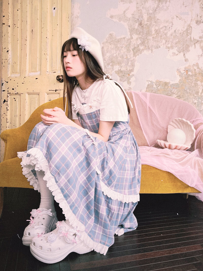 Creamy Checked Double Frill Dress