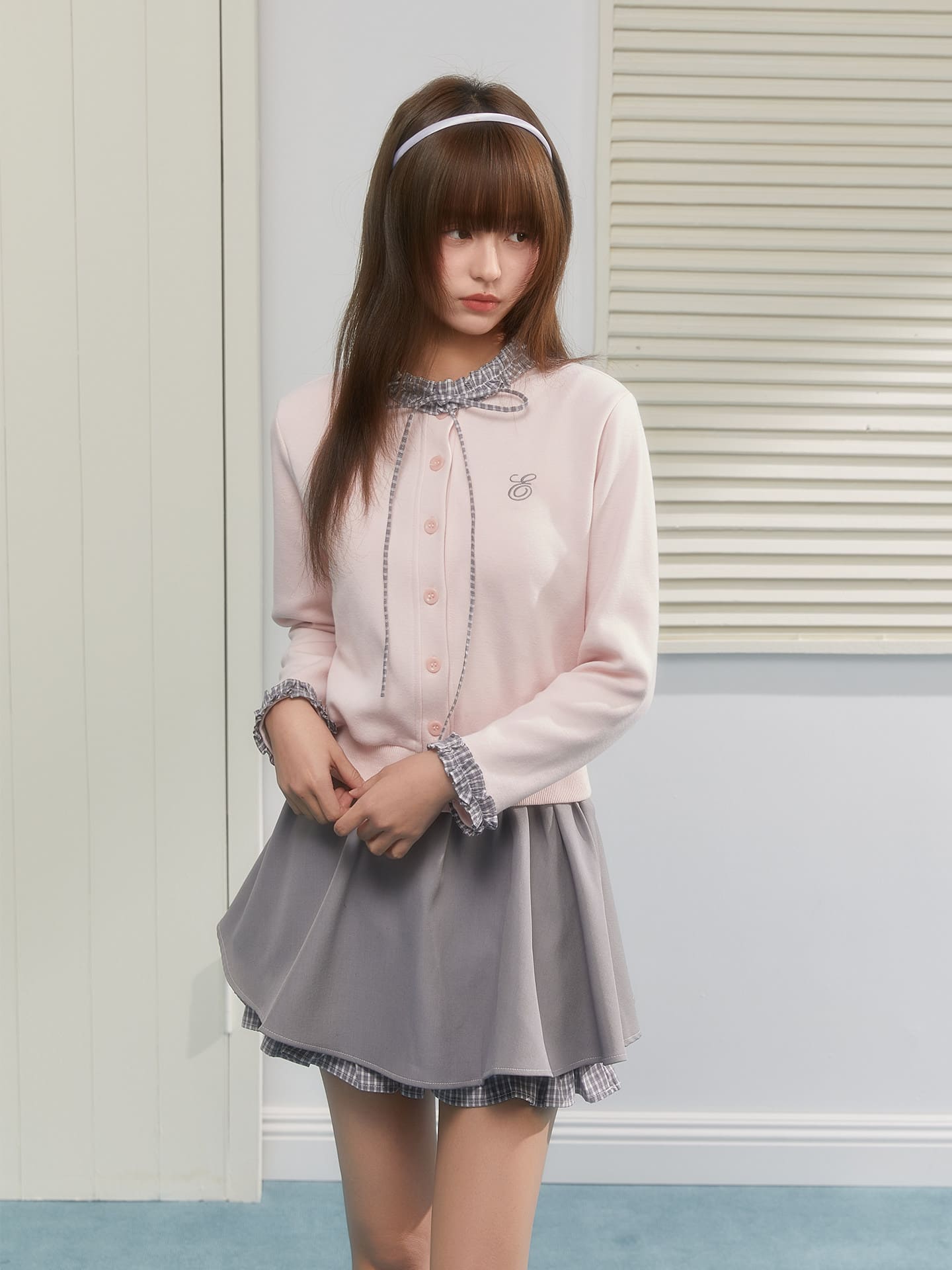 Gingham Ribbon Collar Knit Cardigan（全2色）