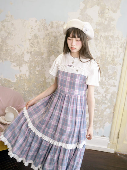 Creamy Checked Double Frill Dress