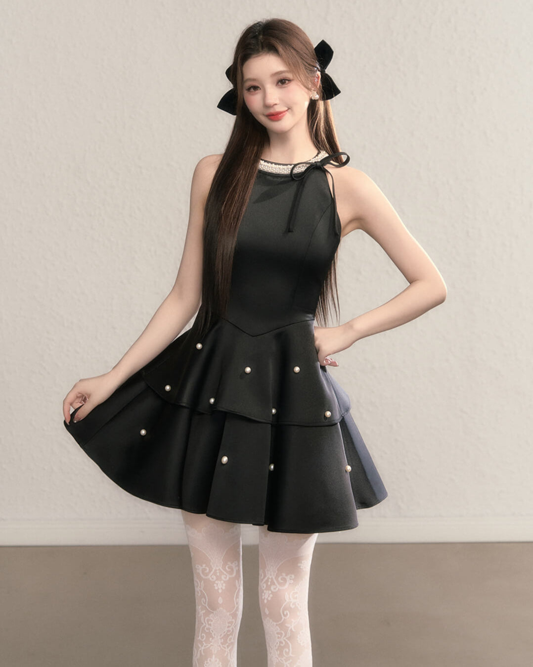 Ribbon bijou peplum dress（全2色）
