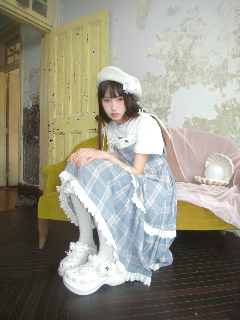 Creamy Checked Double Frill Dress