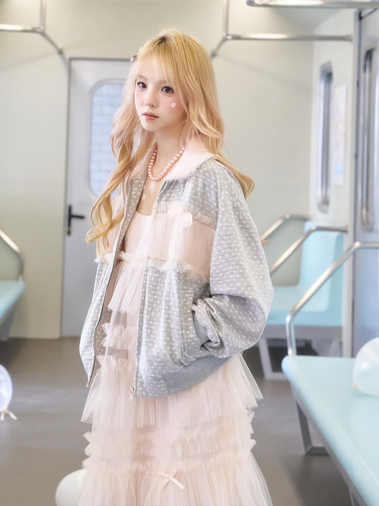 Soft Gray Tulle Layer Zip Blouson