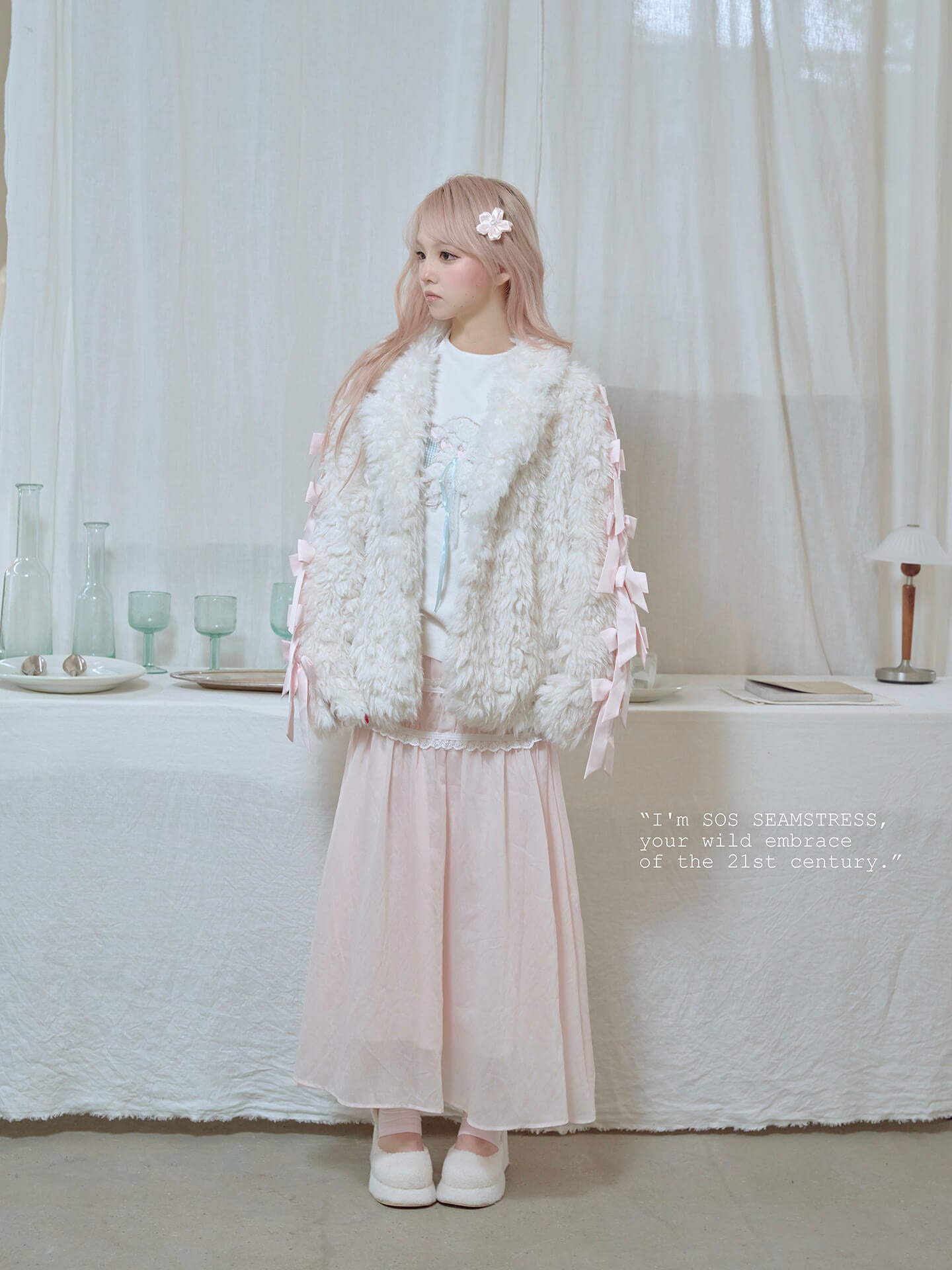 Romantic Ribbon Snowy Fur Coat
