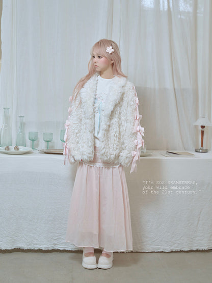 Romantic Ribbon Snowy Fur Coat