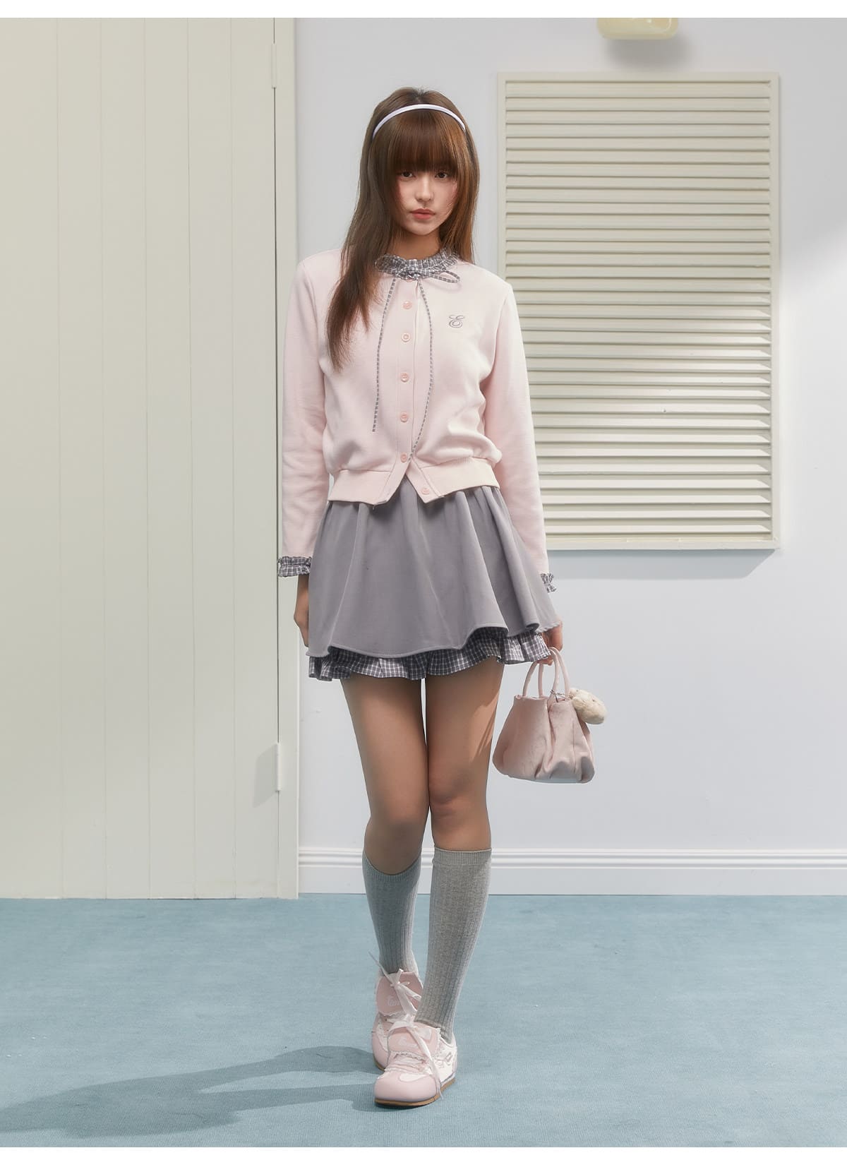 Gingham Ribbon Collar Knit Cardigan（全2色）